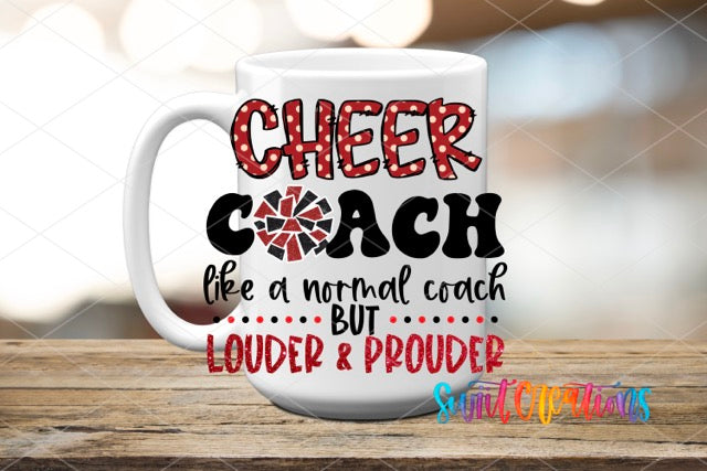 a white coffee mug with the words cheer coach on it