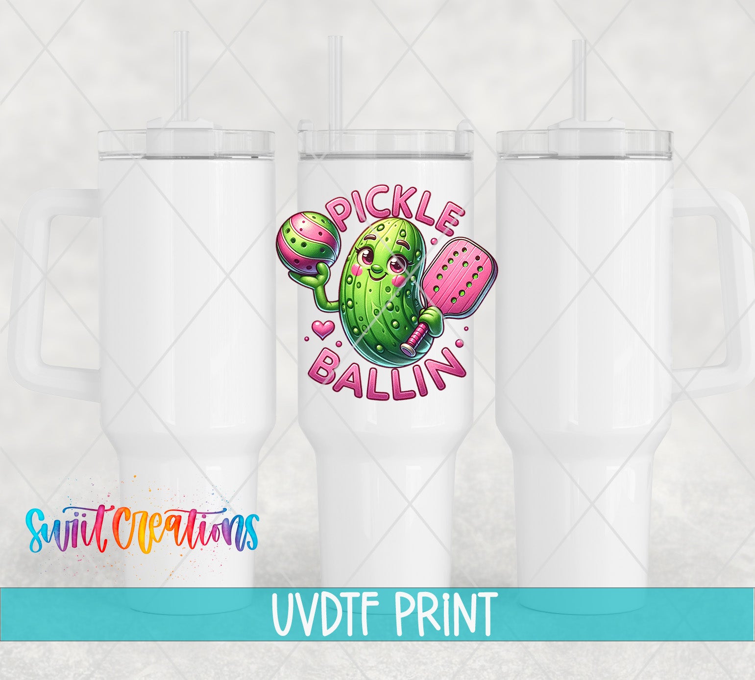 a white tumbler with a colorful graphic of a pickle on it, along with the text "Pickle Ballin'".
