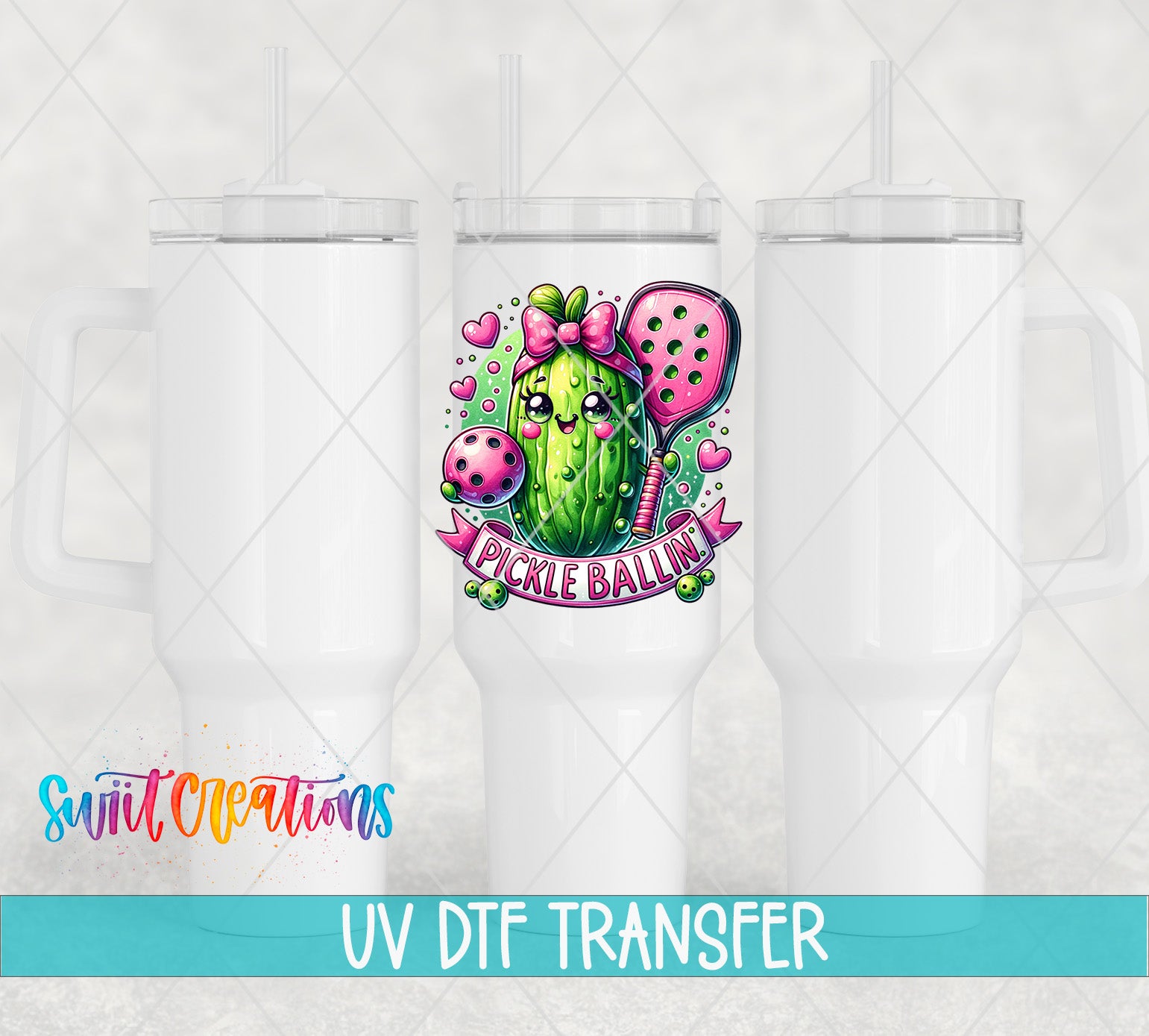 a white cup with a colorful and whimsical design, including a cactus character and the text "Pickle Ballin'". The cup is placed against a light background, and there is text at the bottom of the image that reads "UV Dtf Transfer".