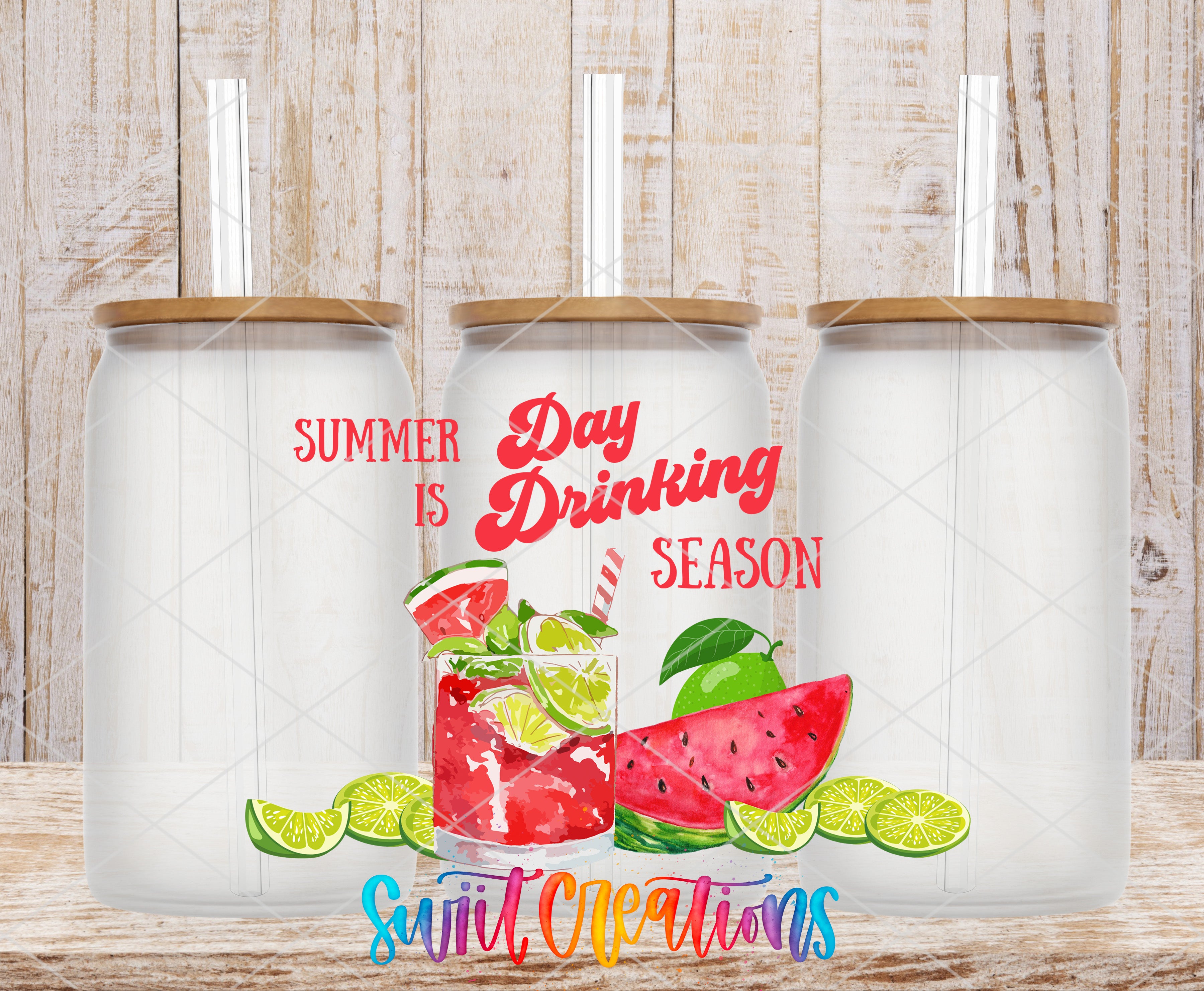 three glass jars with straws, each containing a colorful drink with slices of watermelon, lime, and lemon. The jars are set against a wooden background, and there is text that reads "Summer is Drinking Season" and "Sweet Creations" written on the jars.