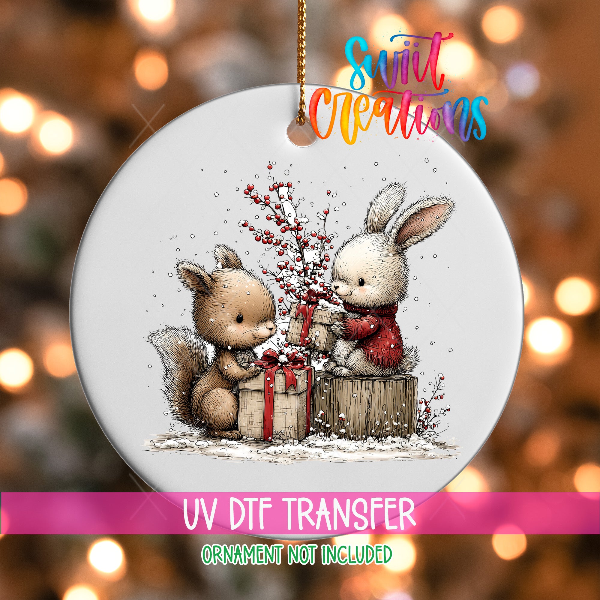 A white ornament with a drawing of two cute animals, a rabbit and a squirrel, sitting together and holding presents. The background is a blurred image of Christmas lights.