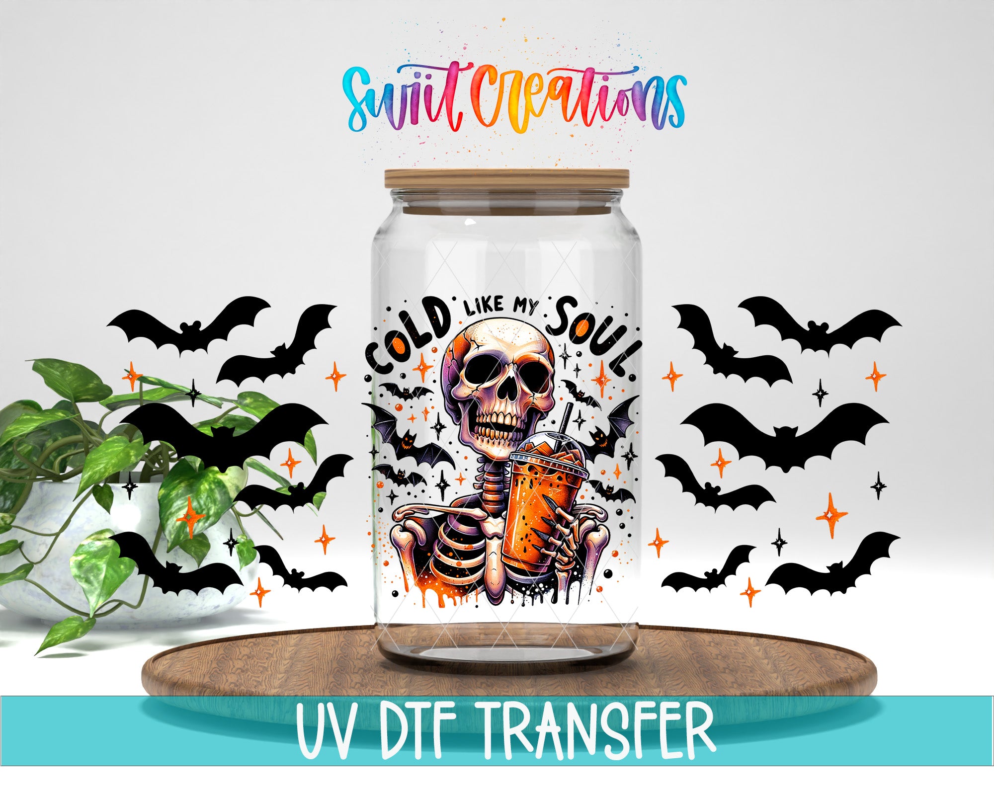 A glass jar with a skeleton holding a drink, surrounded by bats and stars, with the text "COLD LIKE MY SOUL" and "Swift Creations" above it.