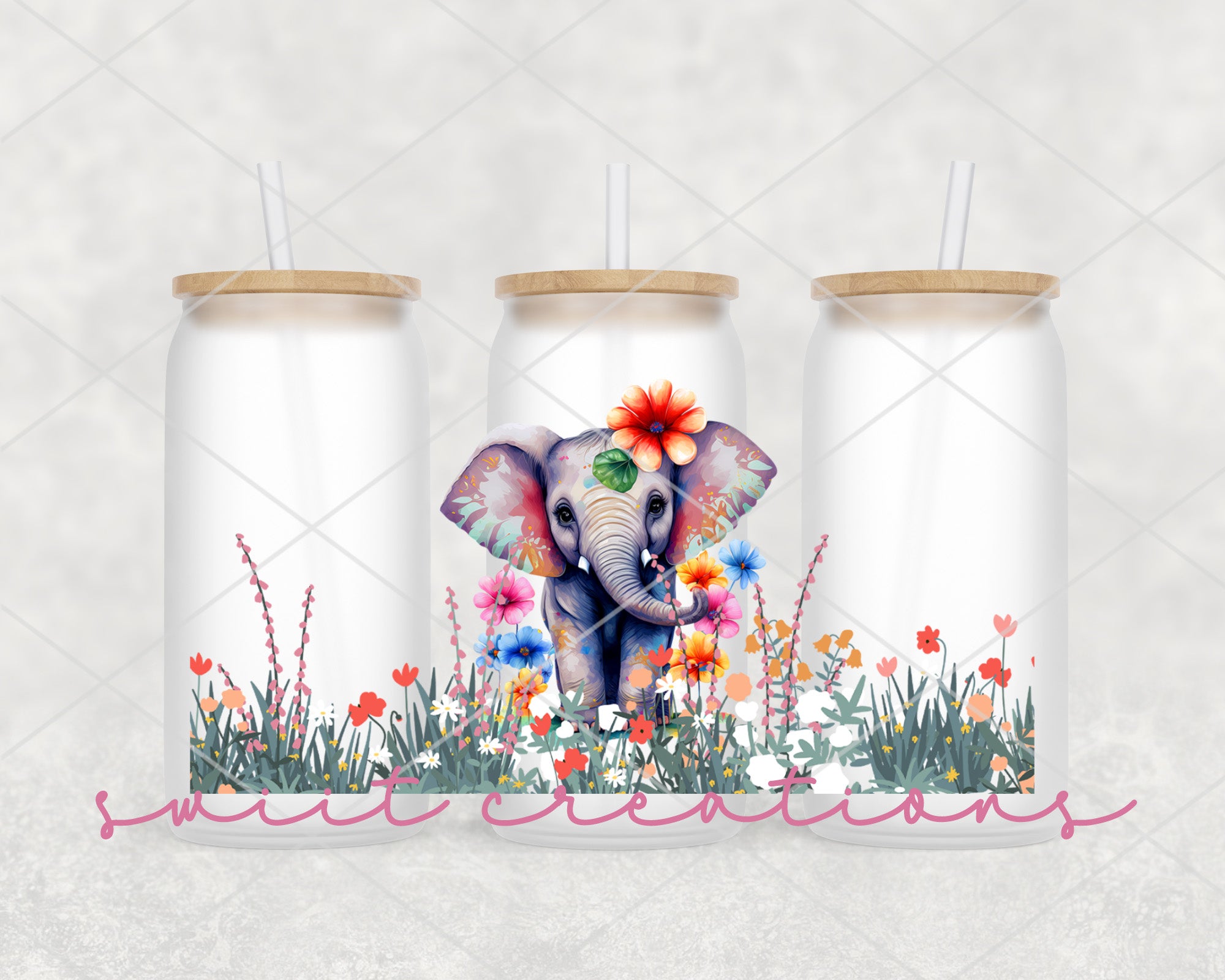a picture of a baby elephant in a field of flowers