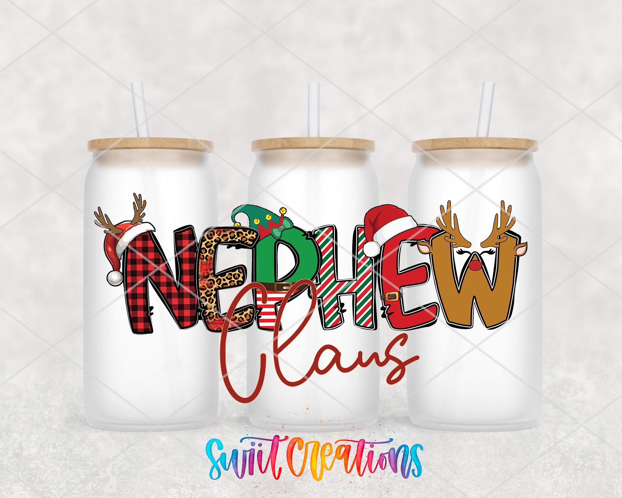 three personalized christmas tumblers with the words noelew claus