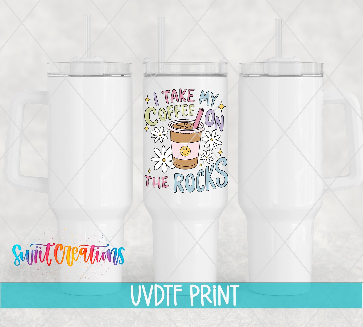 three white tumblers with colorful designs and text printed on them.