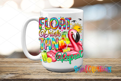 Float Drink Tan Repeat UV DTF transfer on a white ceramic coffee mug