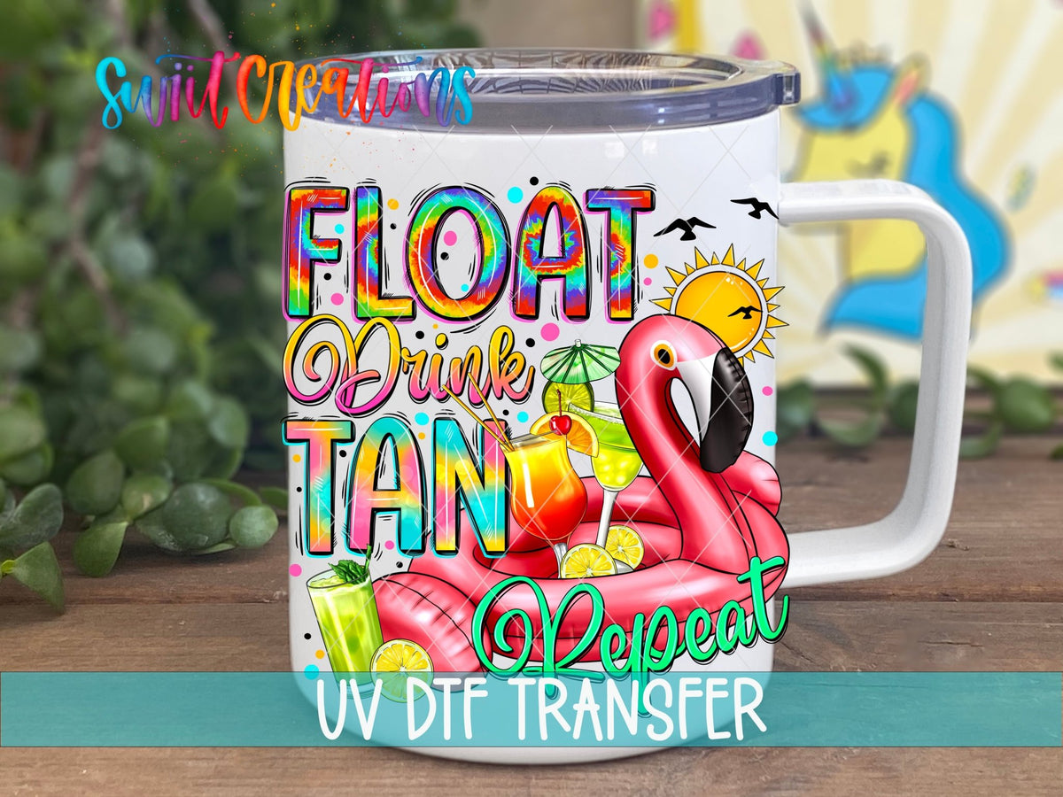 Float Drink Tan Repeat UV DTF transfer on a white stainless steel mug with a lid