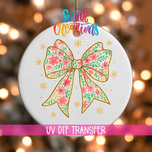 Floral Bow UV DTF Ornament Transfer | Glitter Holiday Christmas Transfer | O-1728 - Swiit Creations