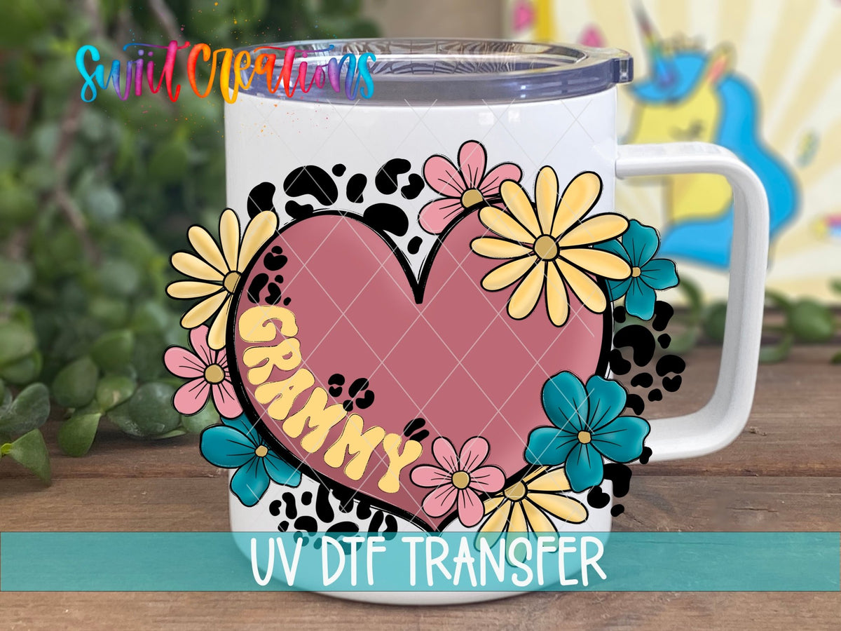 Grammy UV DTF transfer on a white stainless steel mug with a lid