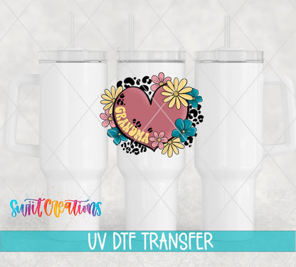 Grandma floral heart UV DTF transfer on white 40 oz tumblers