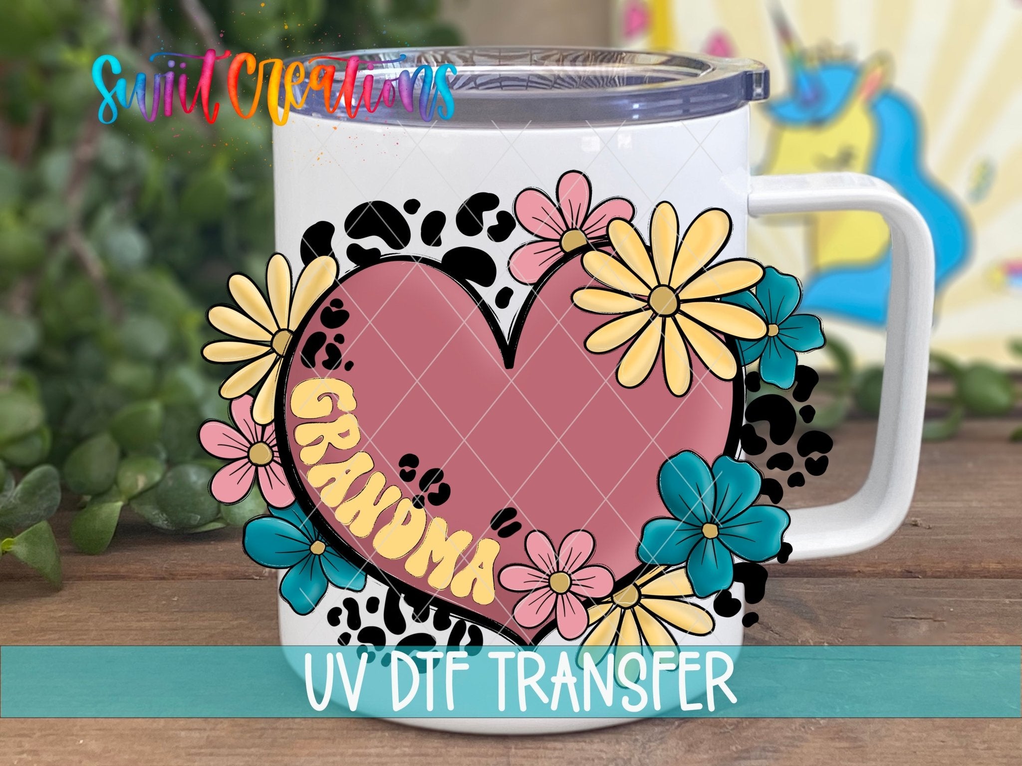 Swiit Creations UV DTF Floral Heart Grandma transfer displayed on a white coffee mug