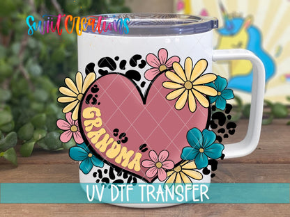 Grandma floral heart UV DTF transfer on a white stainless steel mug with a lid