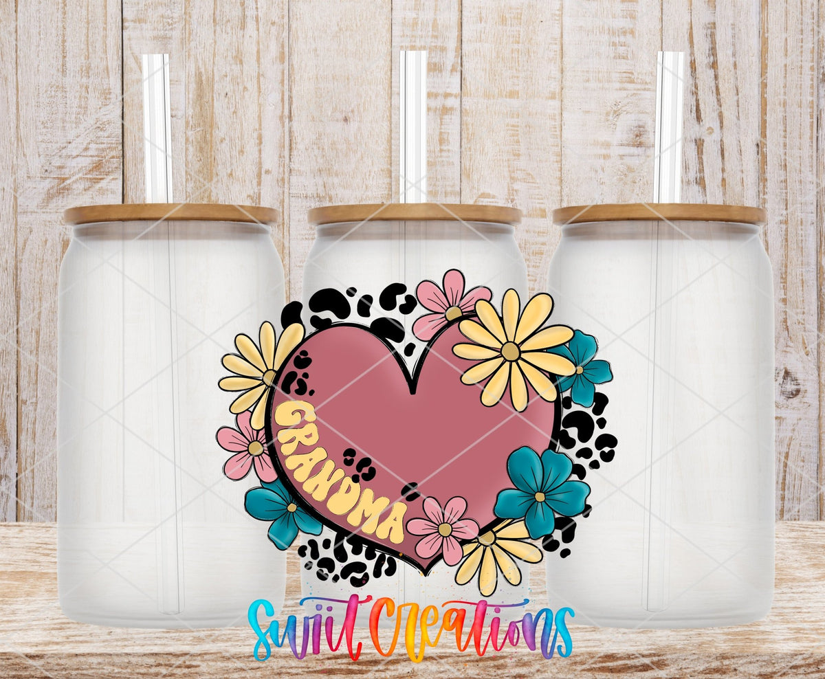Swiit Creations UV DTF Floral Heart Grandma transfer shown on a clear glass can set