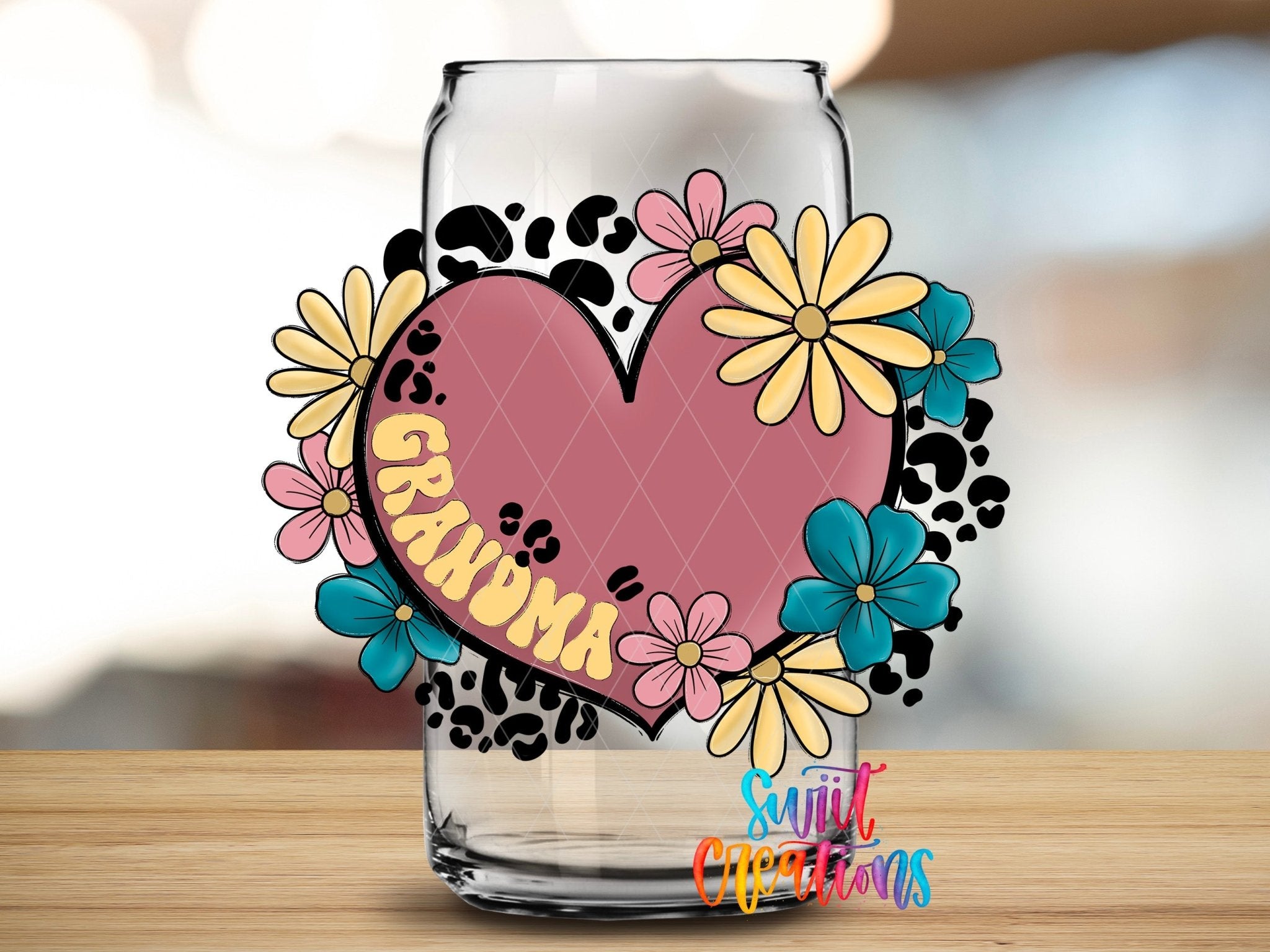 Swiit Creations UV DTF Floral Heart Grandma transfer applied to a clear glass can