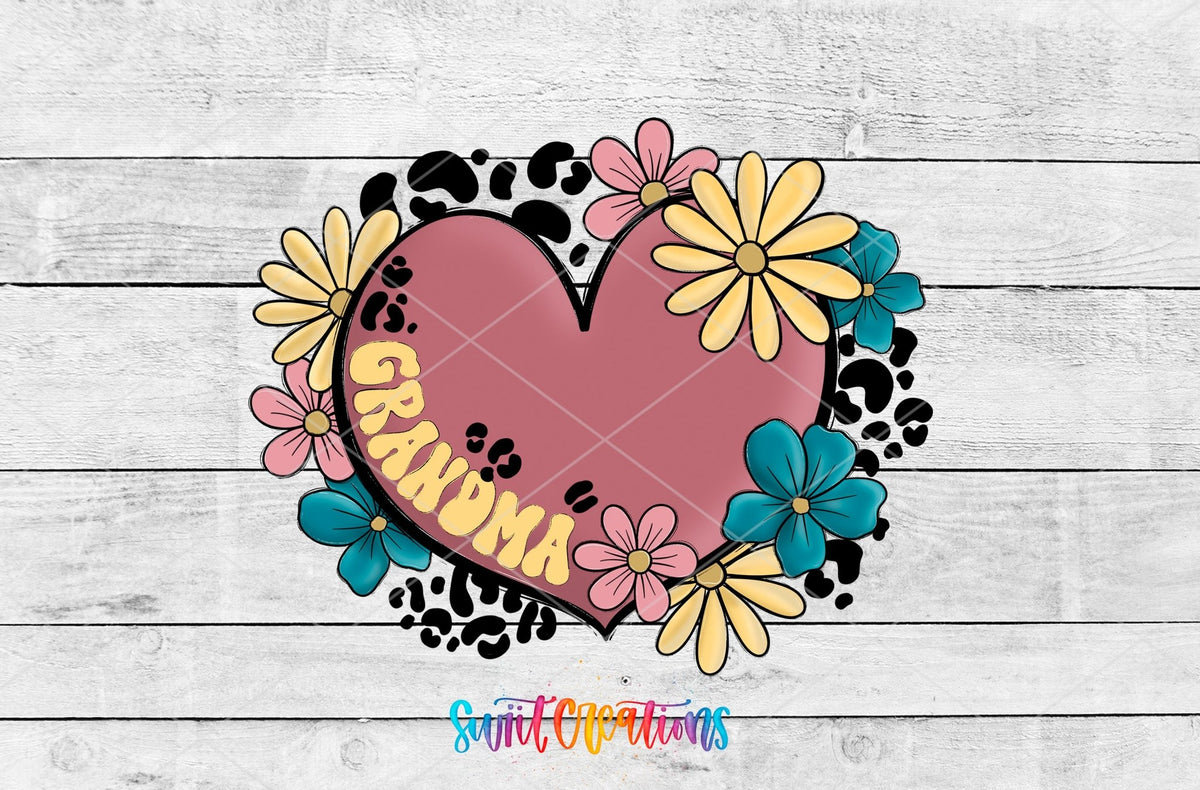 Swiit Creations UV DTF Floral Heart Grandma transfer shown as the full artwork preview
