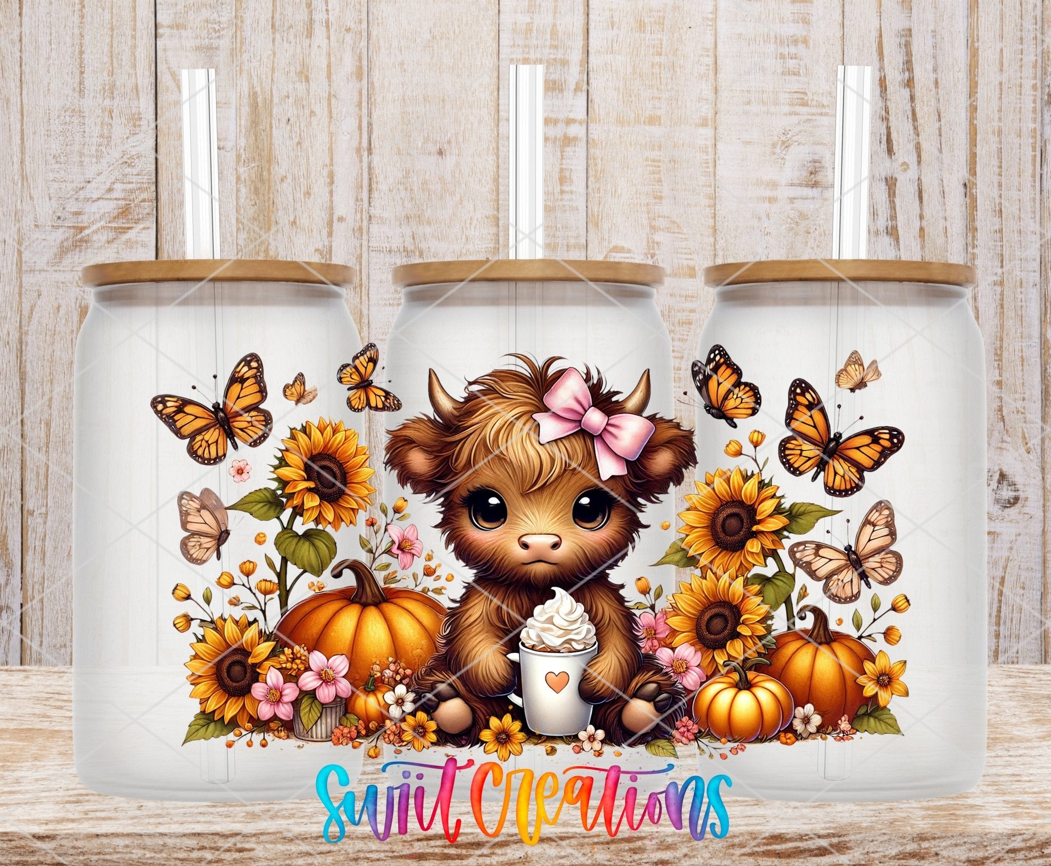 Floral Highland Cow UV DTF Transfer Tumbler Wrap | Sunflower Pumpkin Fall Cup Decal | DTF299 - Swiit Creations