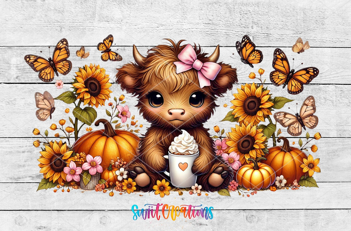 Fall Highland Cow UV DTF wrap artwork on a white wood background