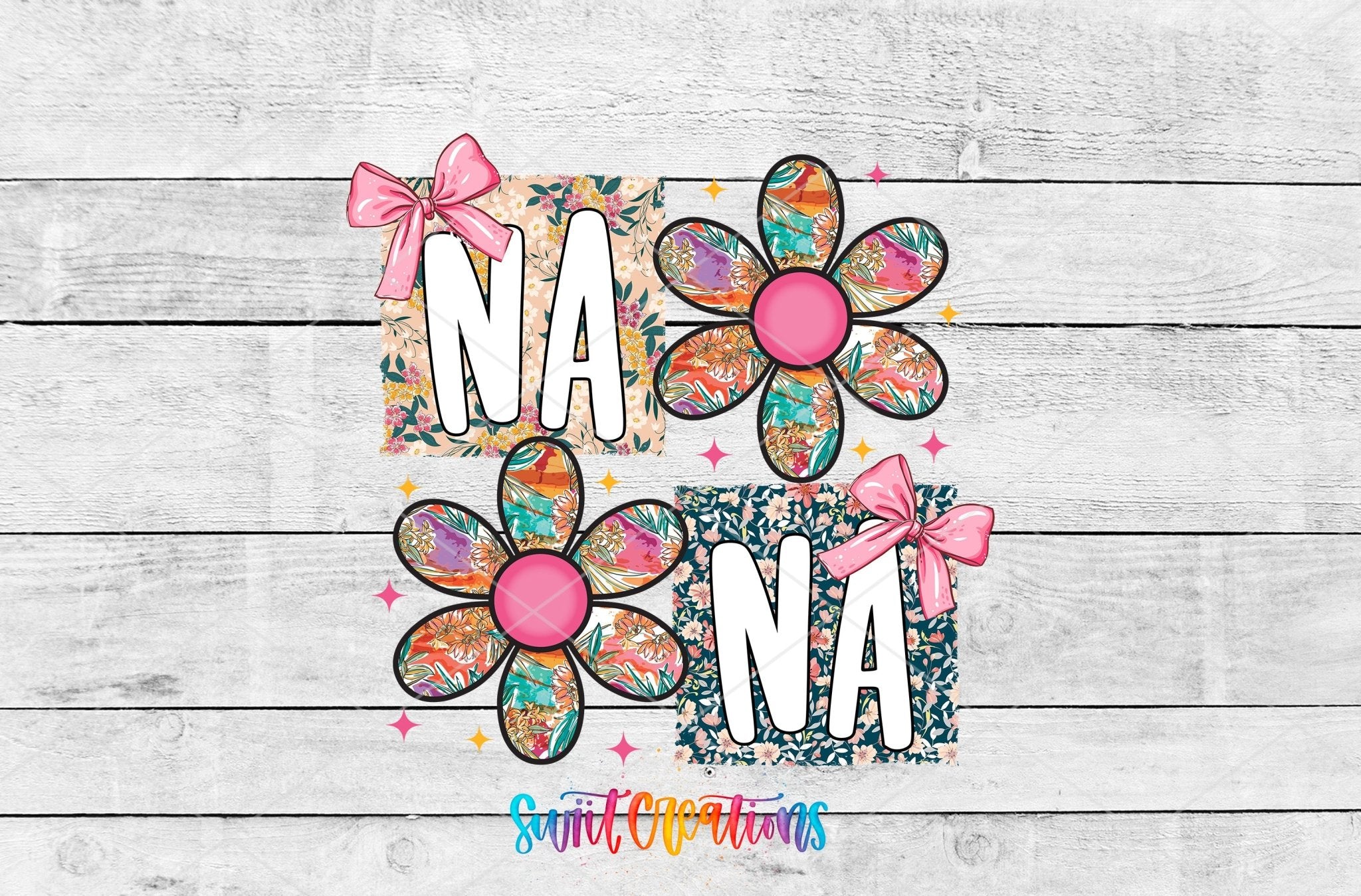 Floral Nana Bow UV DTF transfer shown as a full artwork preview from Swiit Creations