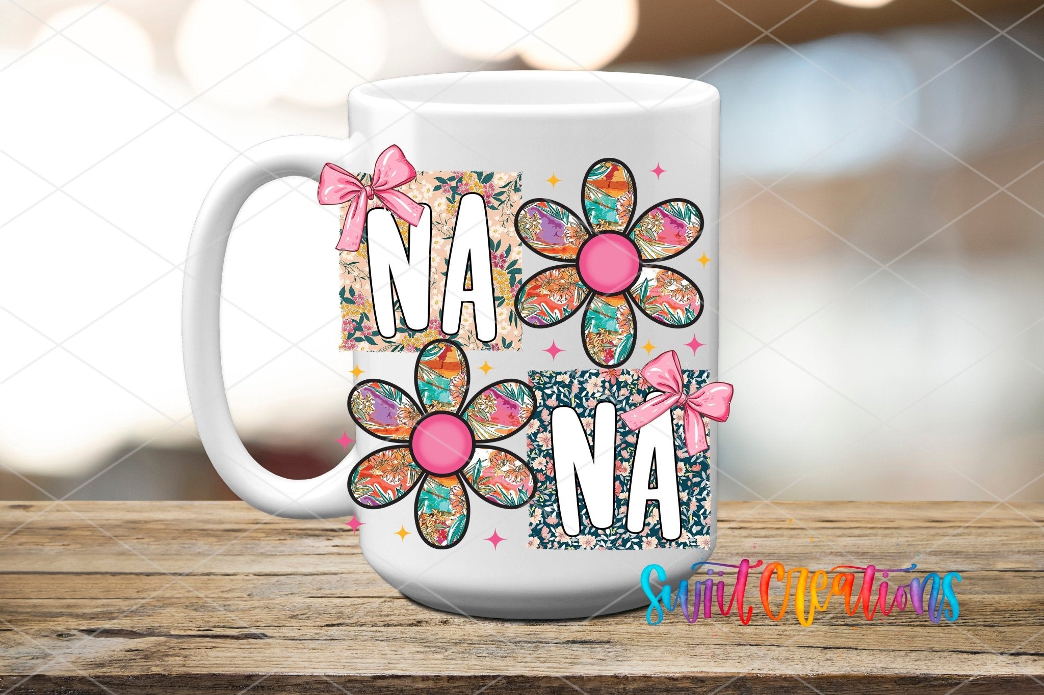 Floral Nana Bow UV DTF transfer displayed on a white ceramic mug from Swiit Creations