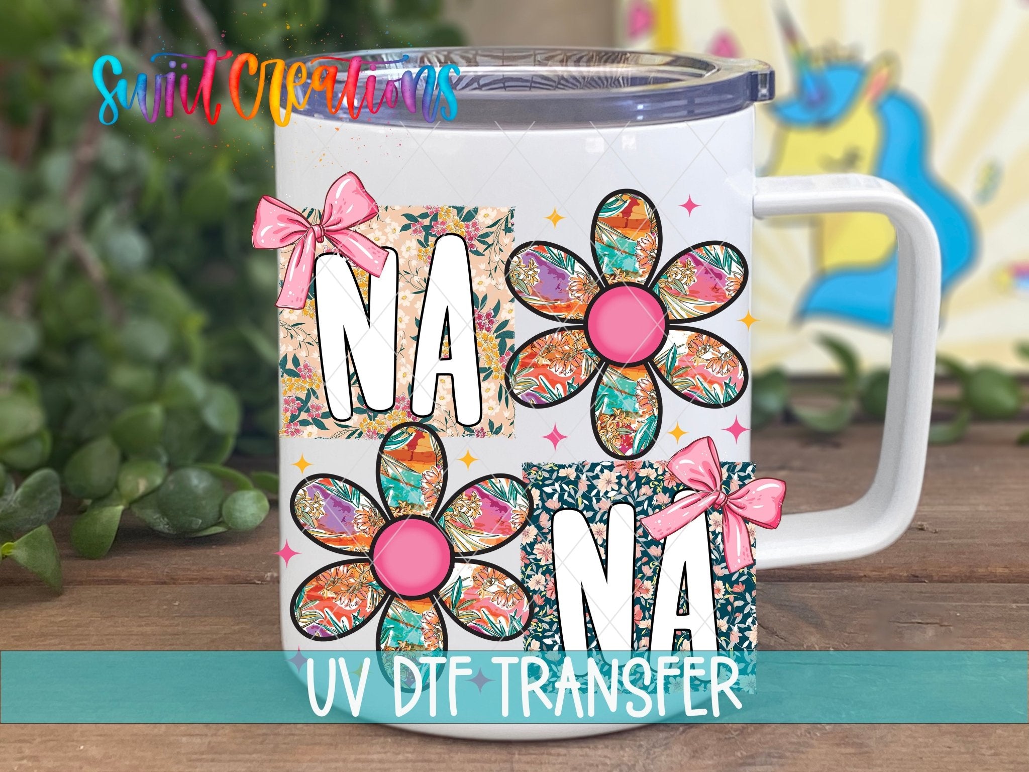 Floral Nana Bow UV DTF transfer displayed on a white coffee mug from Swiit Creations