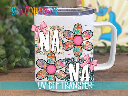 Nana patchwork daisy UV DTF transfer on a white stainless steel mug with a lid