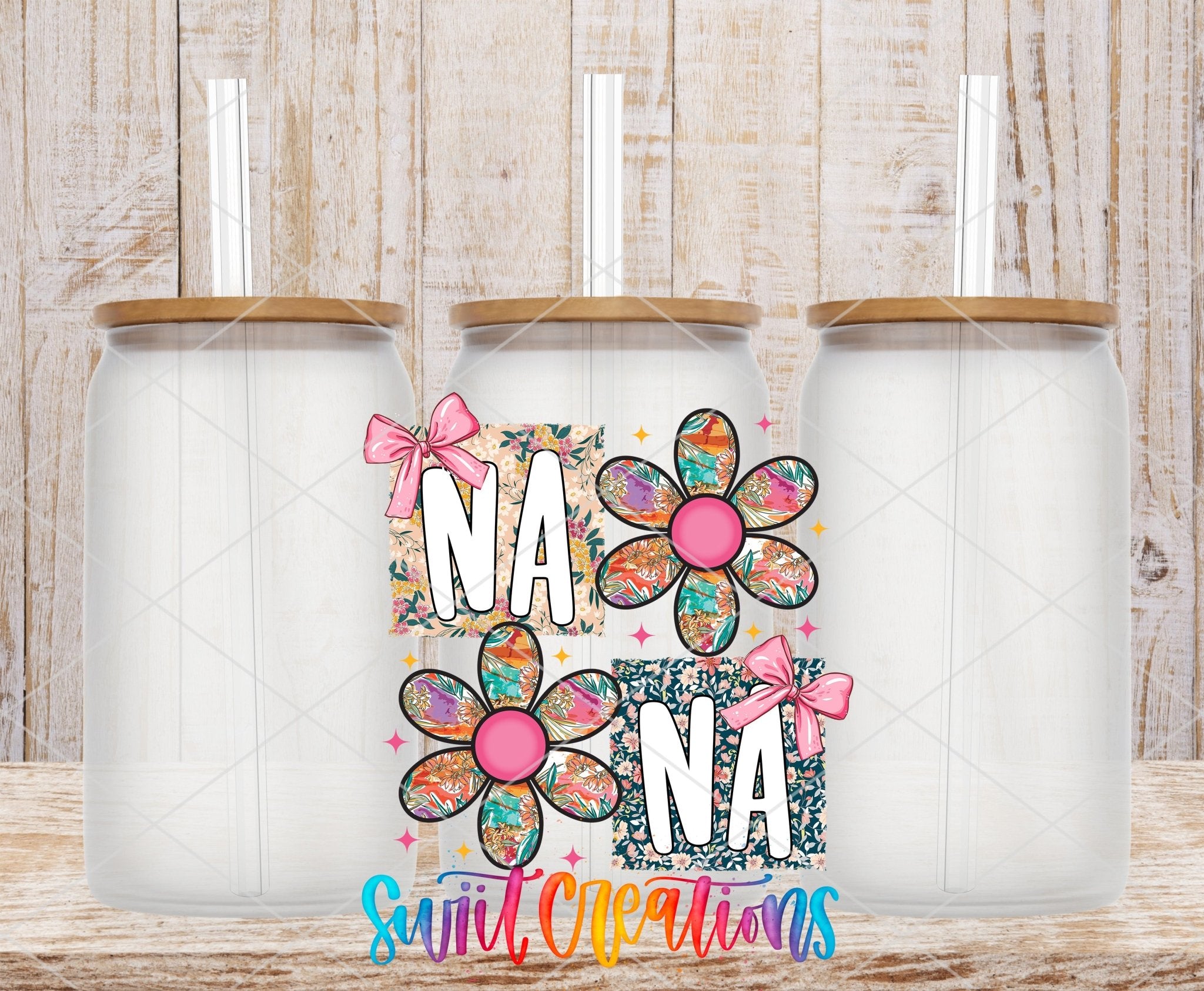 Floral Nana Bow UV DTF transfer applied to a clear glass can set from Swiit Creations