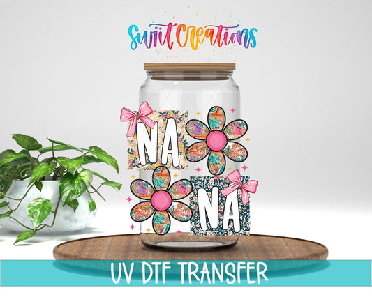 Floral Nana Bow UV DTF transfer displayed on a clear jar mockup from Swiit Creations