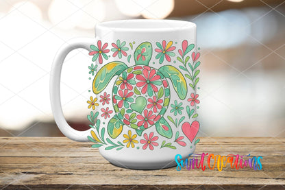 Floral Sea Turtle UV DTF transfer on a white ceramic coffee mug