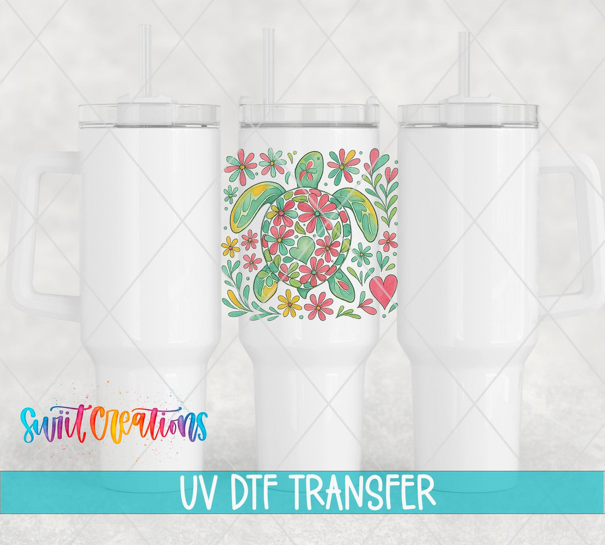 Floral Sea Turtle UV DTF transfer on white 40 oz tumblers
