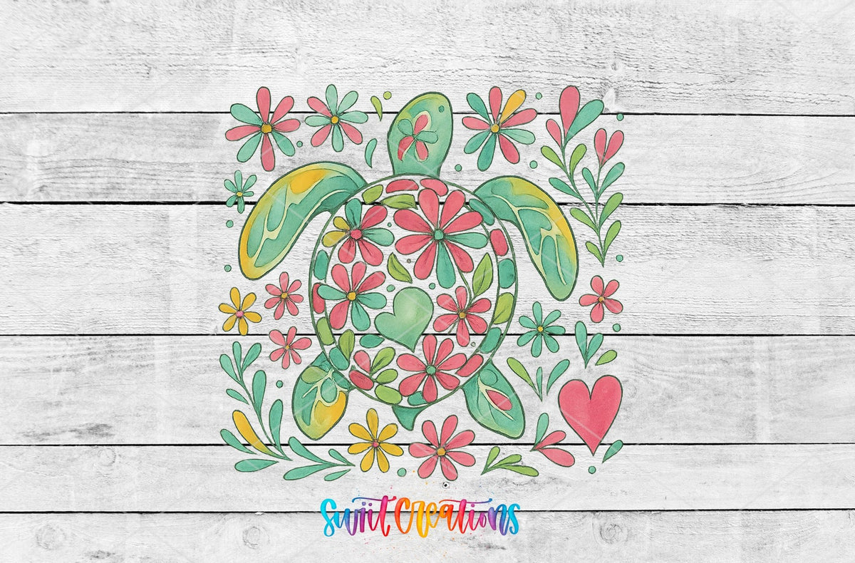 Floral Sea Turtle UV DTF transfer artwork on a white wood background