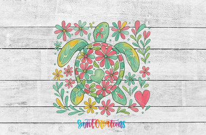 Floral Sea Turtle UV DTF transfer artwork on a white wood background