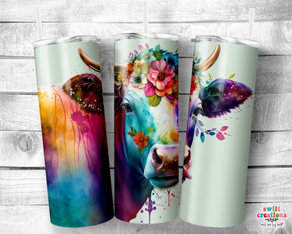 Floral Watercolor Cow Tumbler (T489) - Swiit Creations