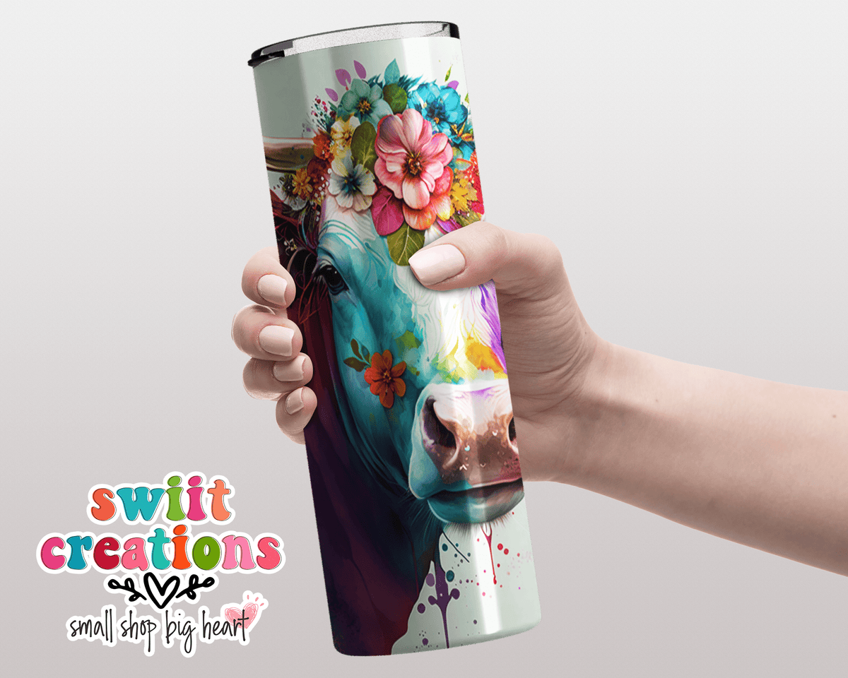 Floral Watercolor Cow Tumbler (T489) - Swiit Creations