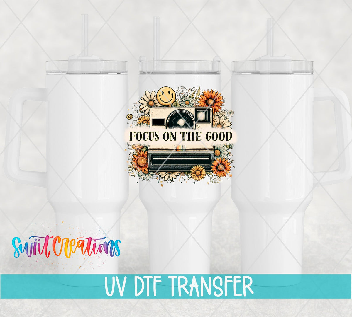 Focus on the Good UV DTF transfer on white 40 oz tumblers