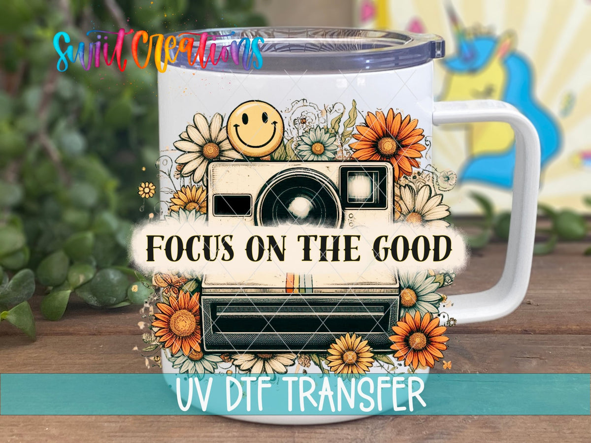 Focus on the Good UV DTF transfer on a white stainless steel mug with a lid