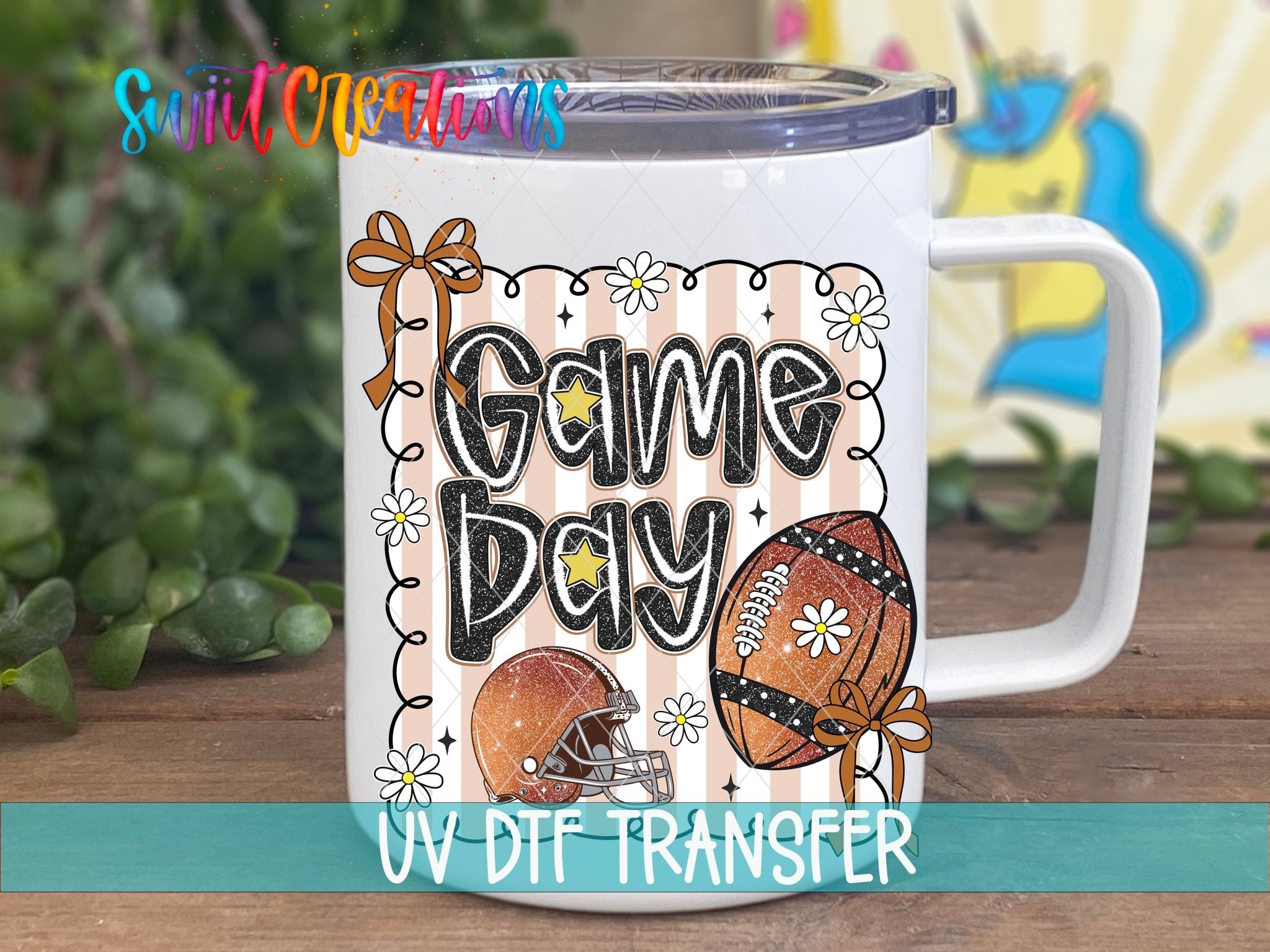 Football Game Day UV DTF transfer displayed on a white coffee mug from Swiit Creations