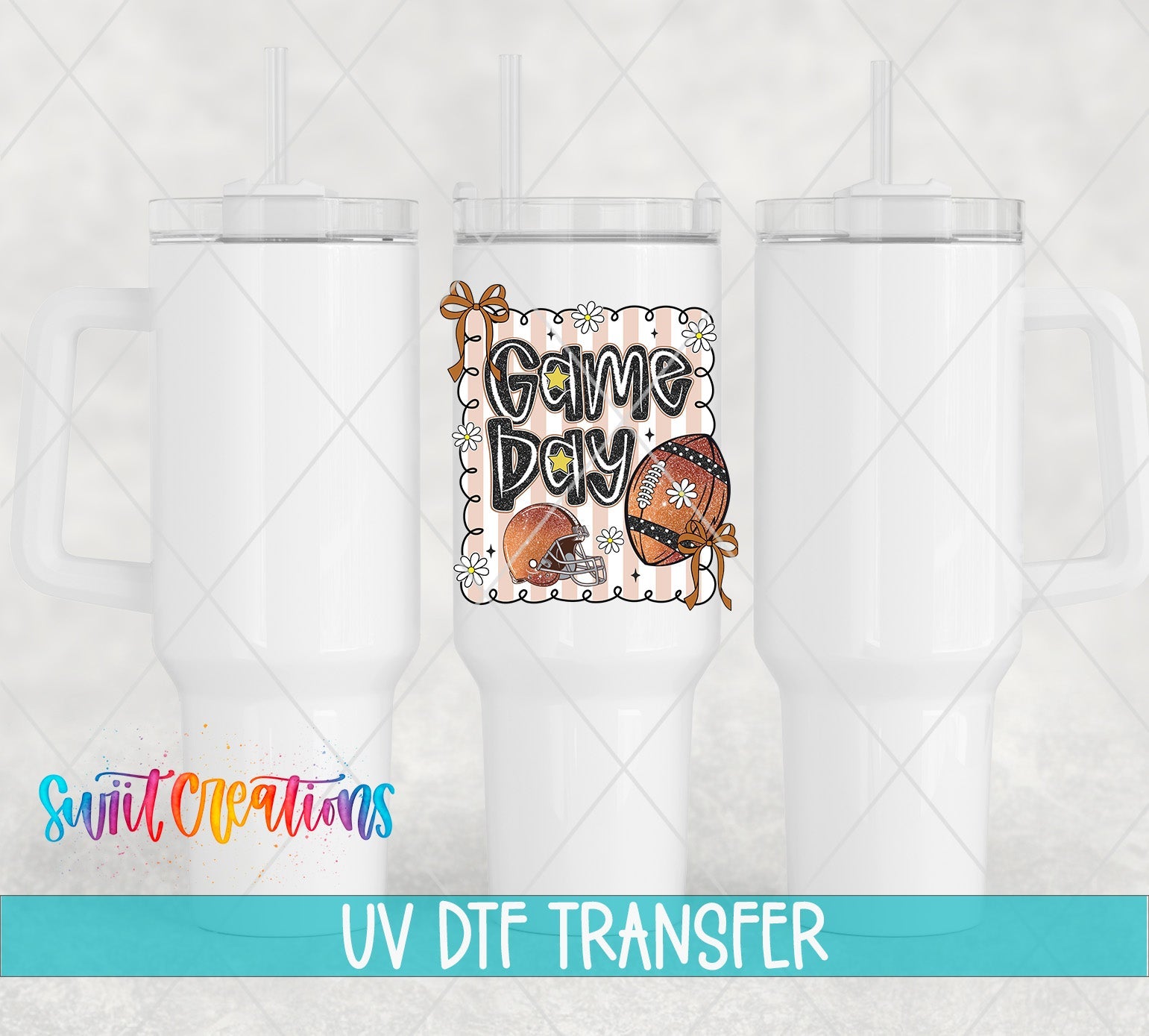 Football Game Day UV DTF transfer applied to a white tumbler set from Swiit Creations