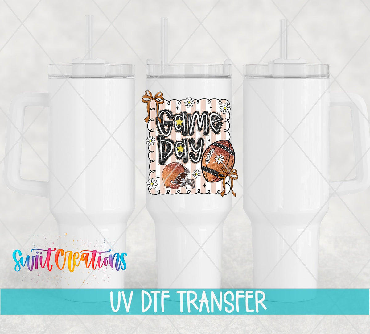 Game Day football and bows UV DTF transfer on white 40 oz tumblers