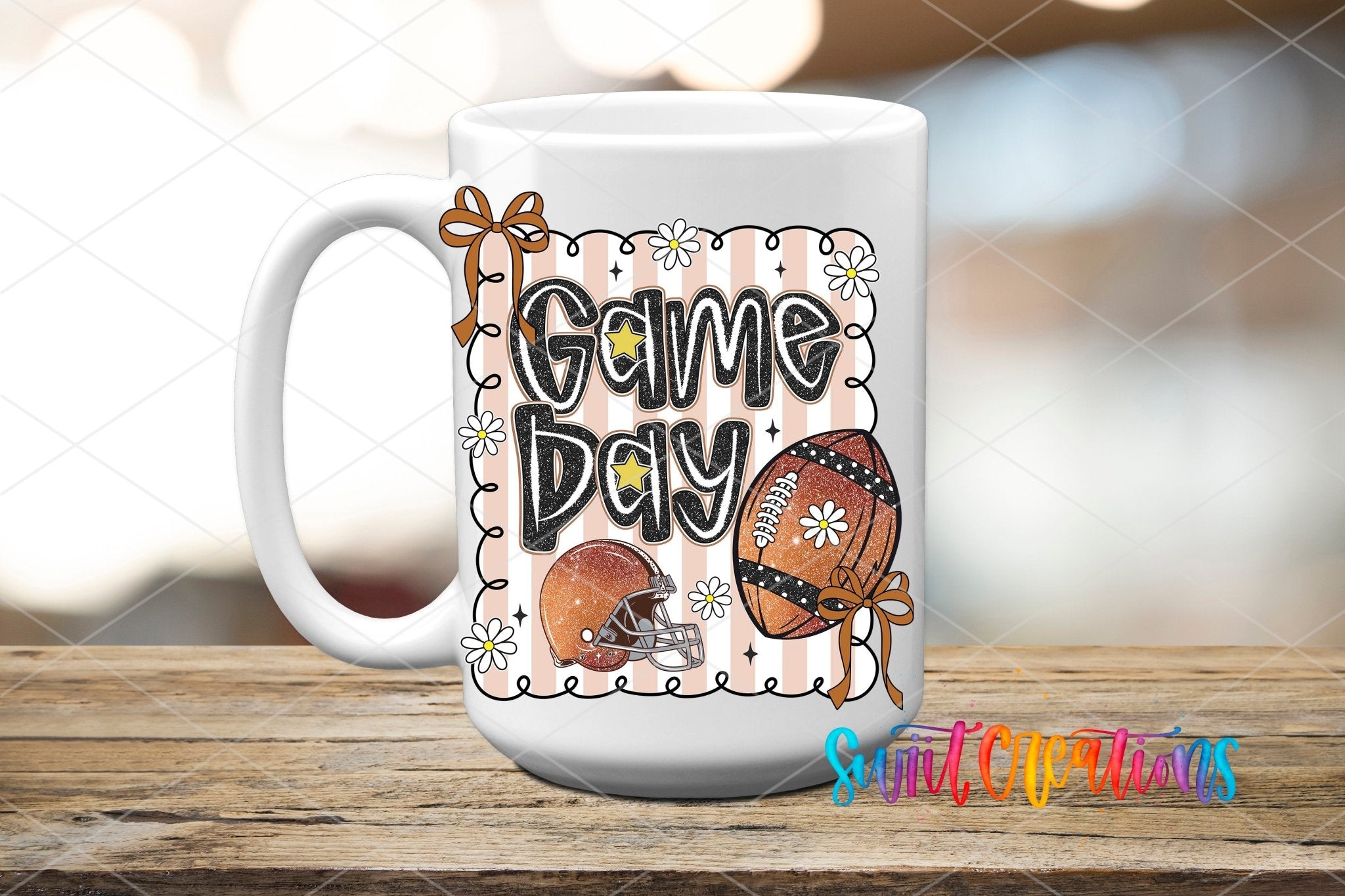 Football Game Day UV DTF transfer displayed on a white ceramic mug from Swiit Creations