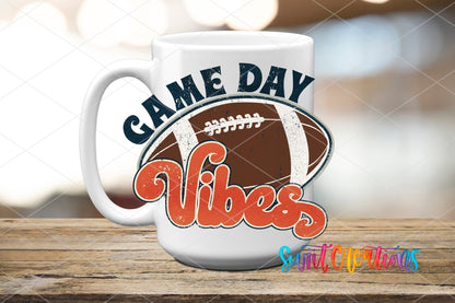 Game Day Vibes football UV DTF transfer on a white ceramic coffee mug