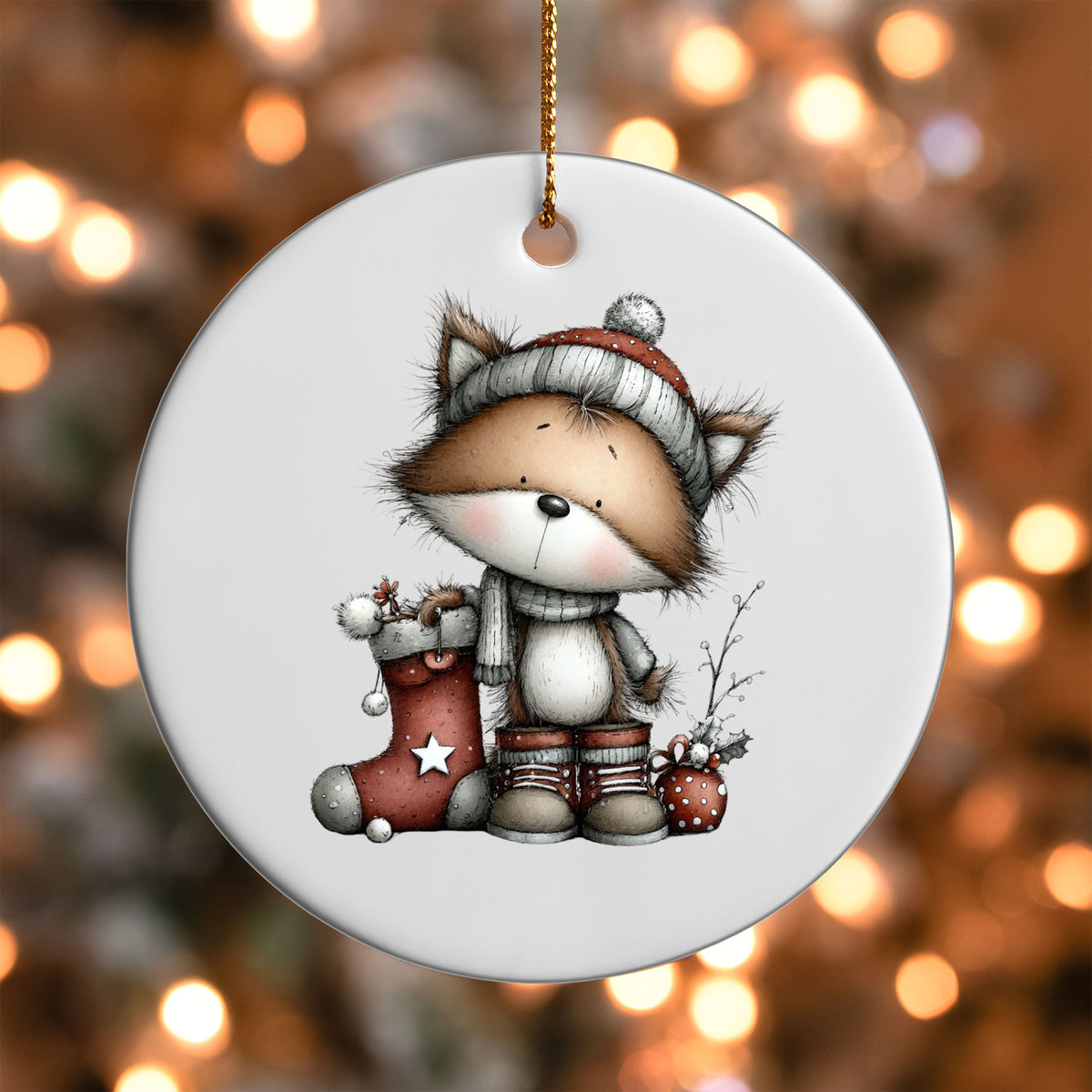 Fox in Stocking ornament UV DTF transfer on a round white ornament with a bokeh light background