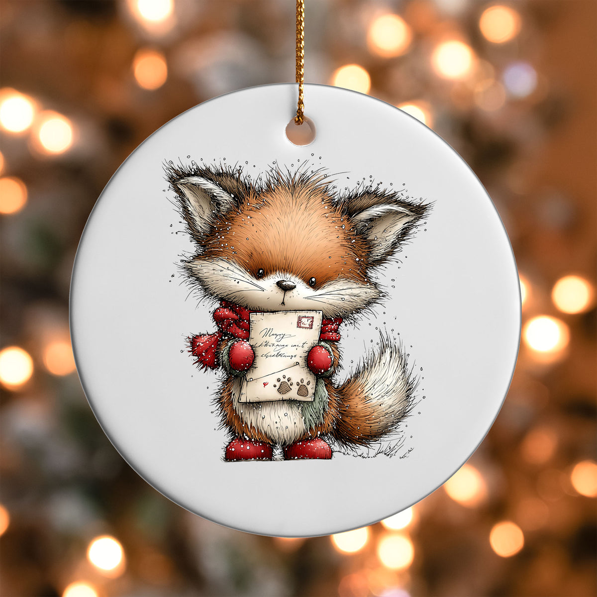 Fox with a Letter to Santa ornament UV DTF transfer on a round white ornament with a bokeh light background