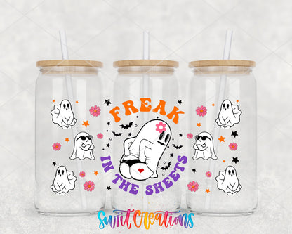 Freak in the Sheets UV DTF wrap on three glass cans