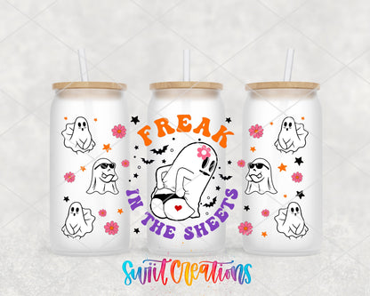 Freak in the Sheets UV DTF wrap on three frosted glass cans