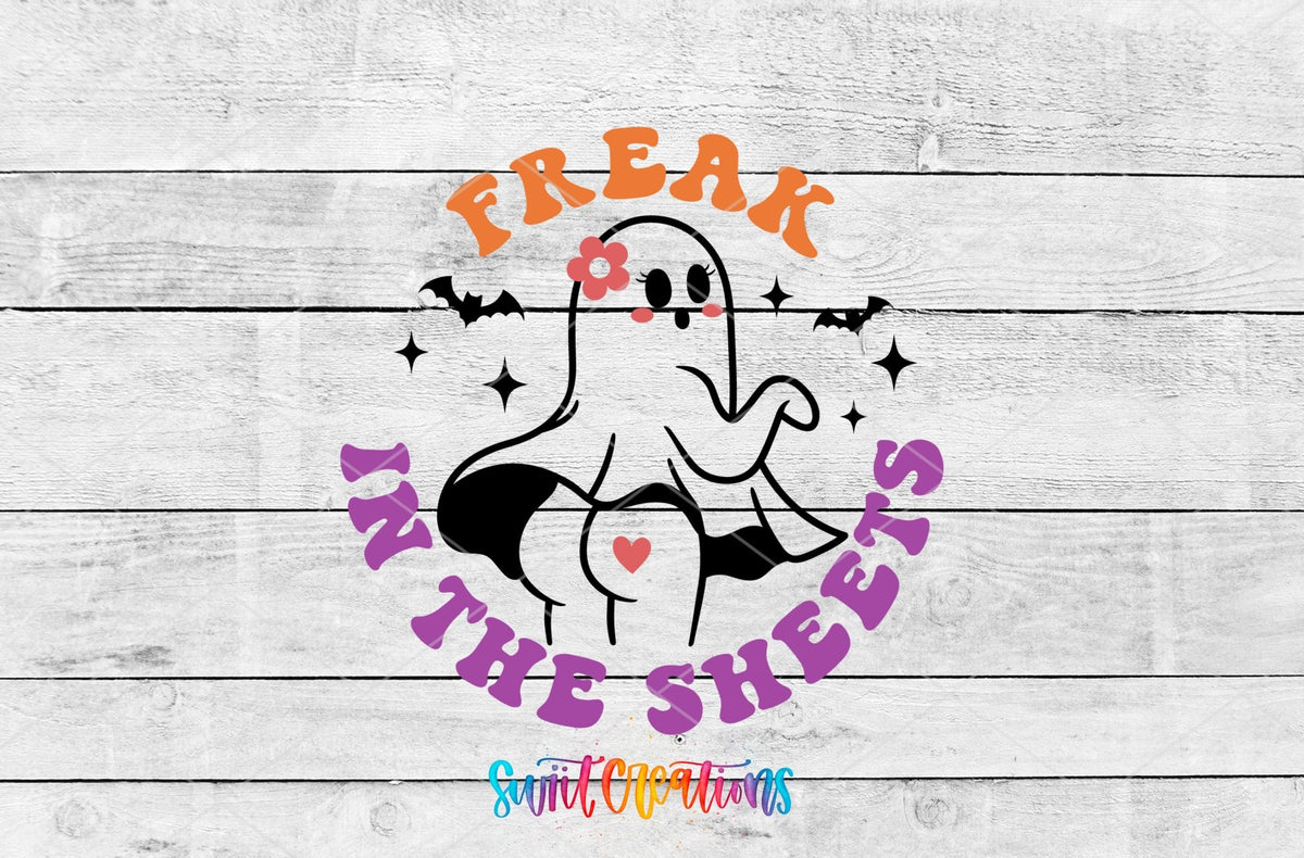 Freak in the Sheets UV DTF transfer artwork on a white wood background