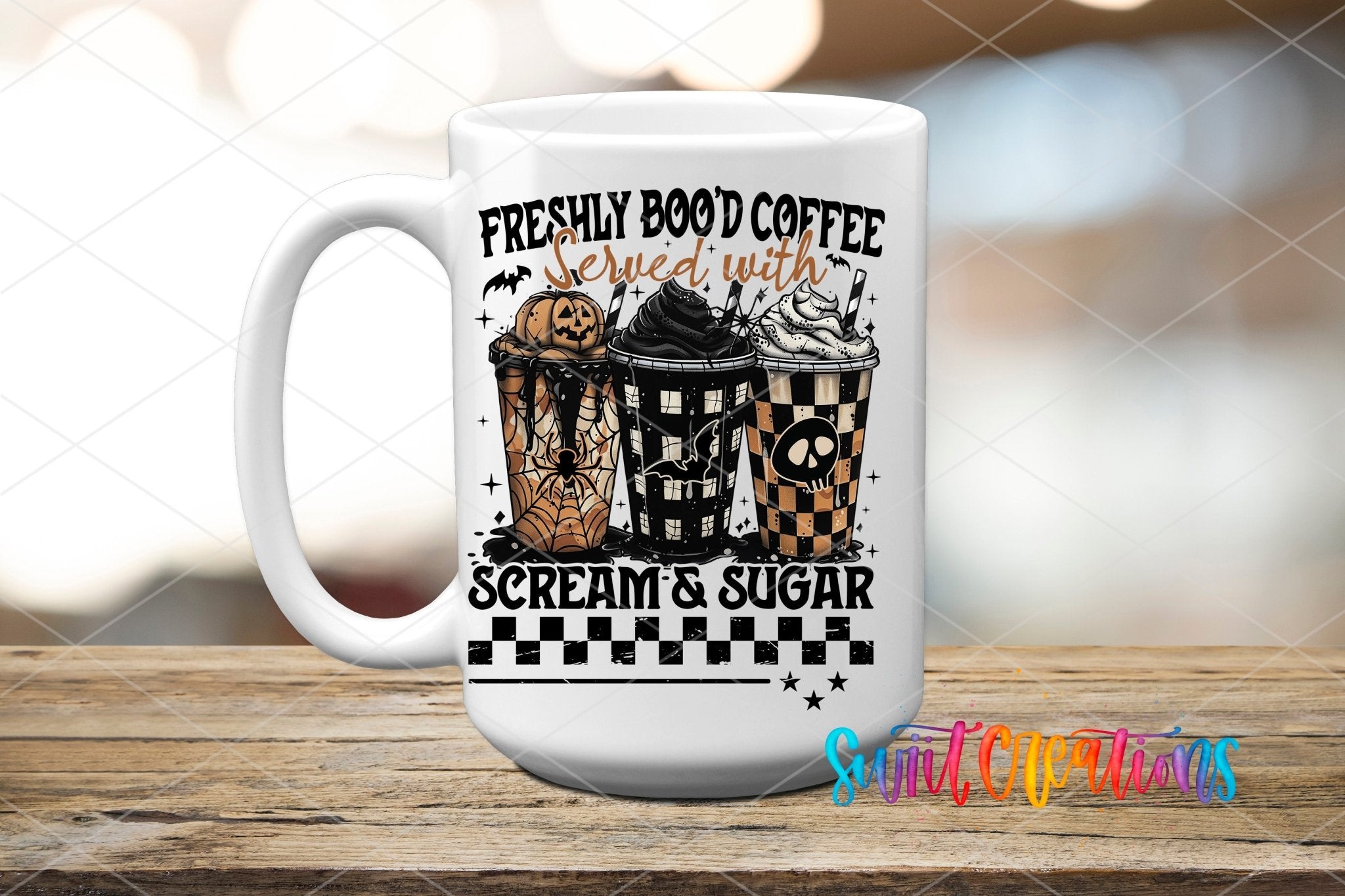 Freshly Bood Coffee Halloween UV DTF transfer displayed on a white ceramic mug from Swiit Creations