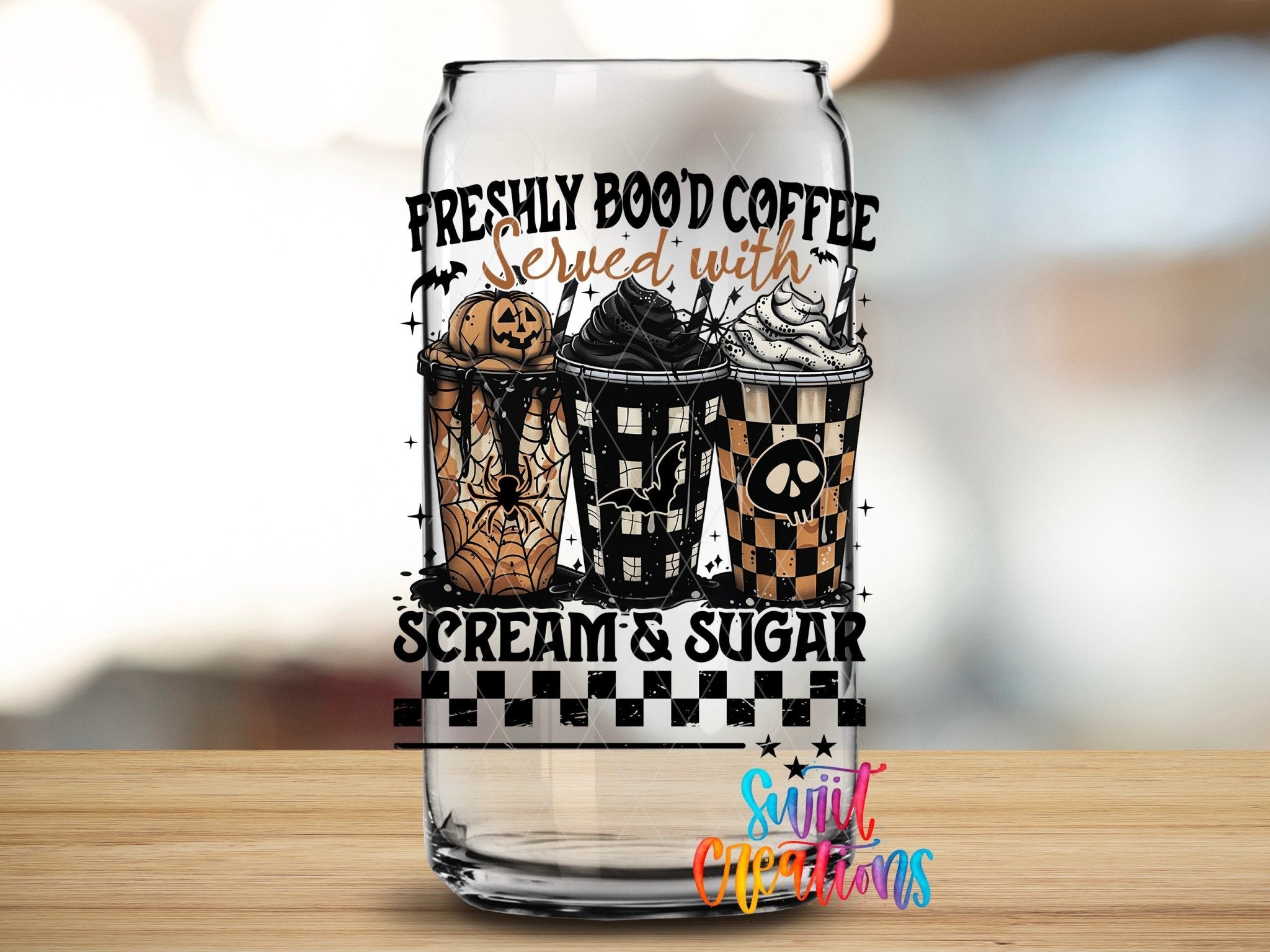 Freshly Bood Coffee Halloween UV DTF transfer applied to a clear glass can from Swiit Creations