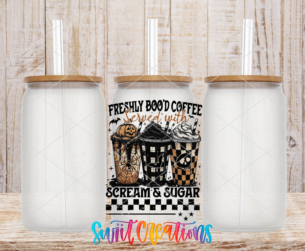 Freshly Boo'd Coffee UV DTF transfer on frosted glass cans with bamboo lids