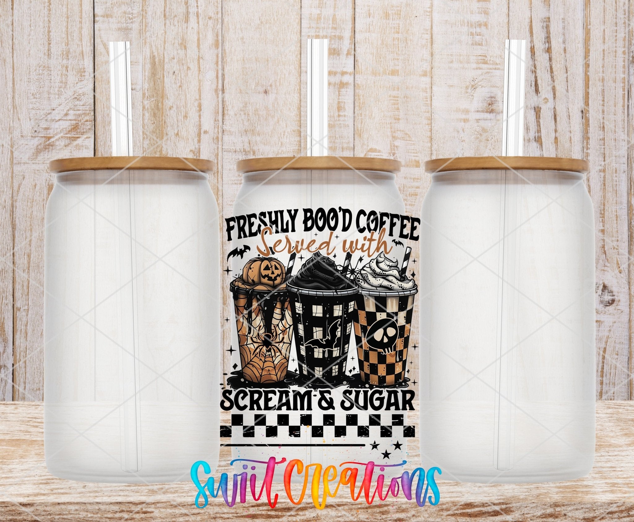 Freshly Bood Coffee Halloween UV DTF transfer applied to a clear glass can set from Swiit Creations
