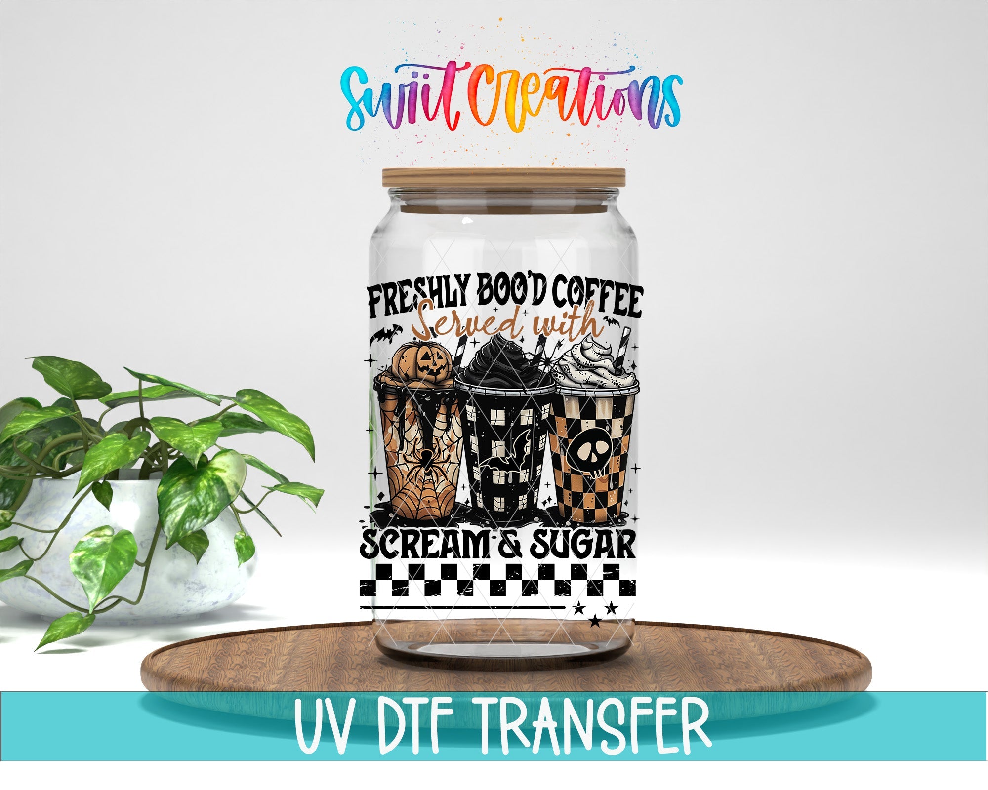 Freshly Bood Coffee Halloween UV DTF transfer displayed on a clear jar mockup from Swiit Creations